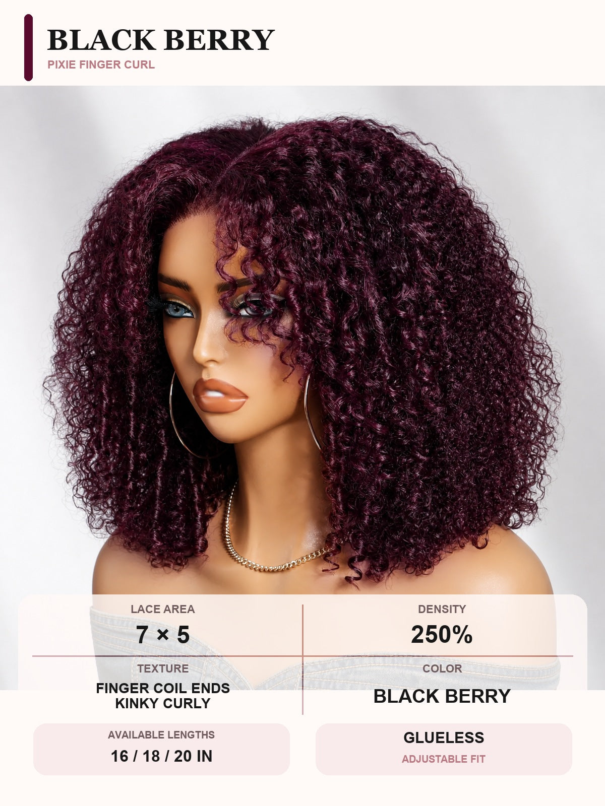 Black Berry Afro Kinky Curly glueless wig color option displayed on a mannequin