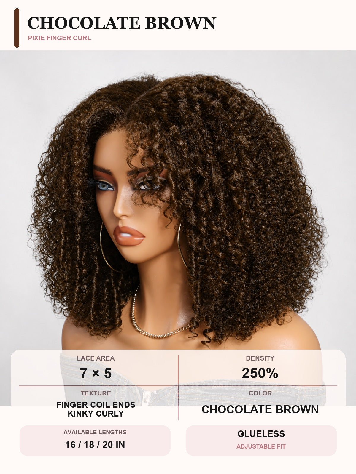 Chocolate Brown Afro Kinky Curly glueless wig color option displayed on a mannequin