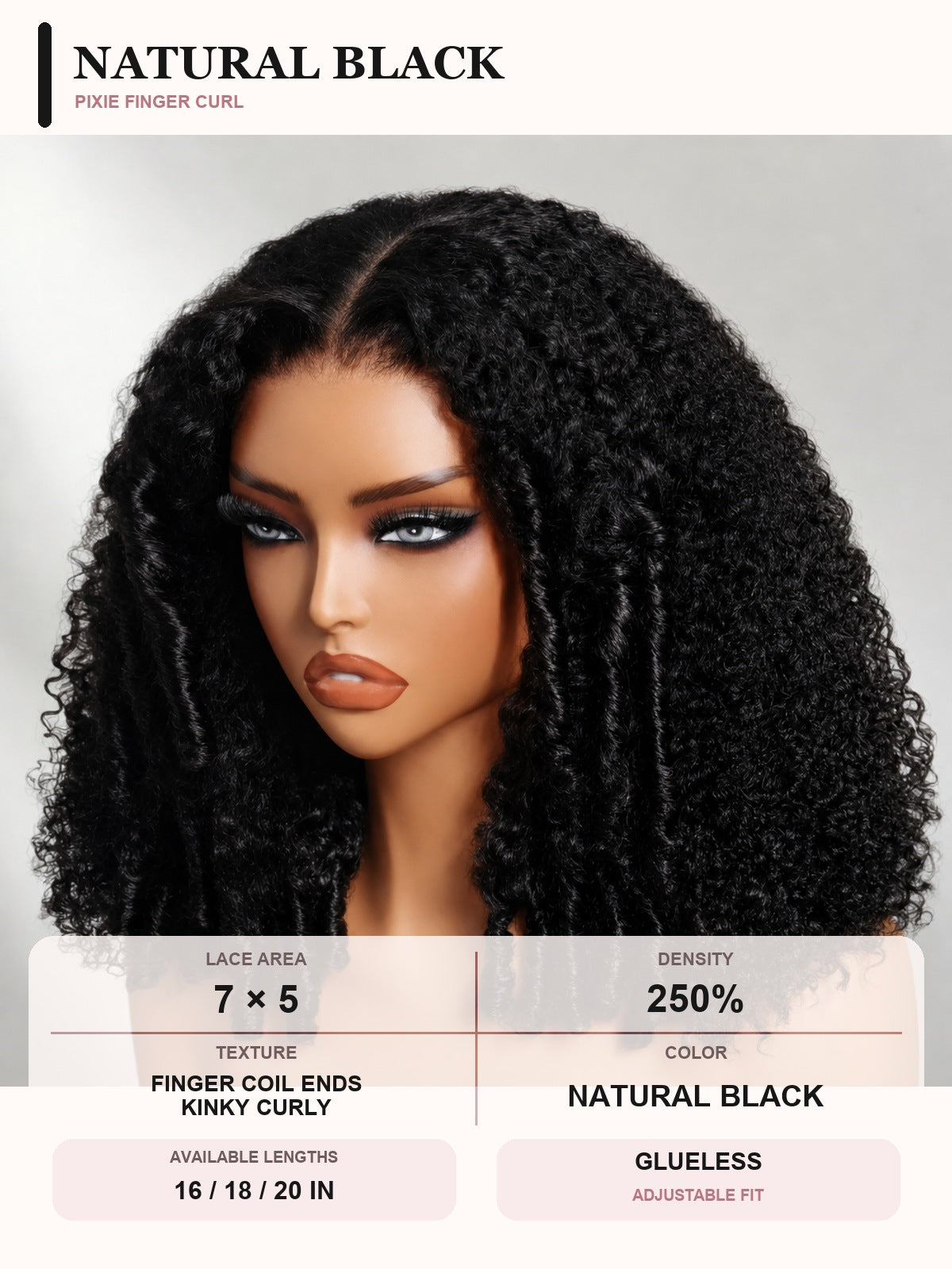 Natural Black Afro Kinky Curly glueless wig color option displayed on a mannequin