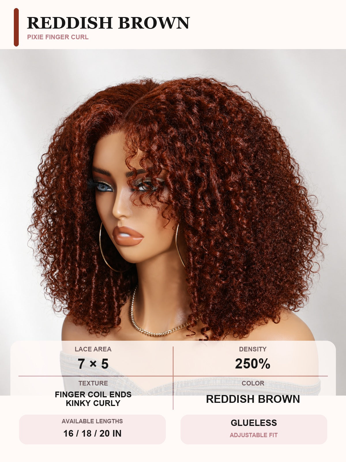 Reddish Brown Afro Kinky Curly glueless wig color option displayed on a mannequin