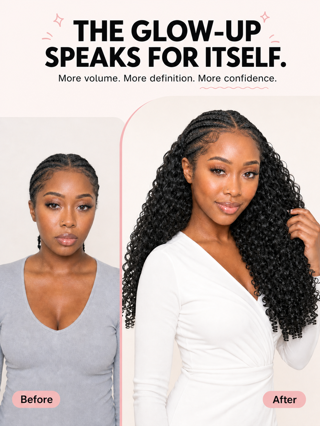 Burmese Curly Crochet Human Hair for Miracle Knots & Boho Braids - Pre-Separated 1B Natural Black before and after image