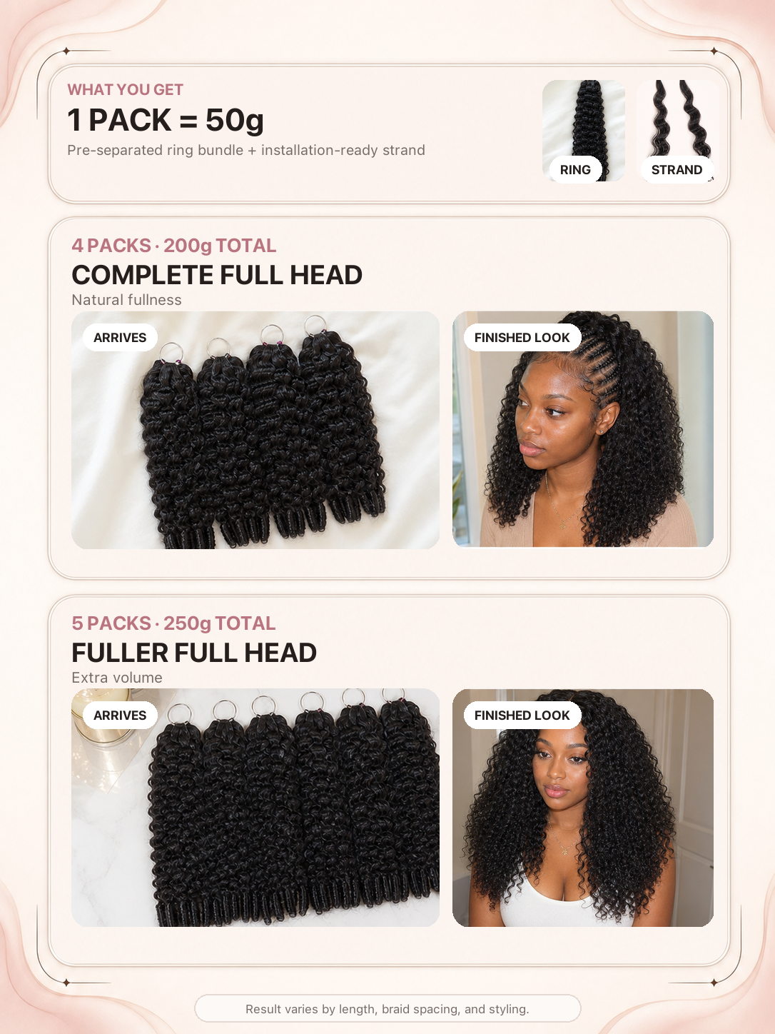 Curlovi Burmese Curly 50g pack, 4-pack complete full-head set, 5-pack fuller set, and finished looks